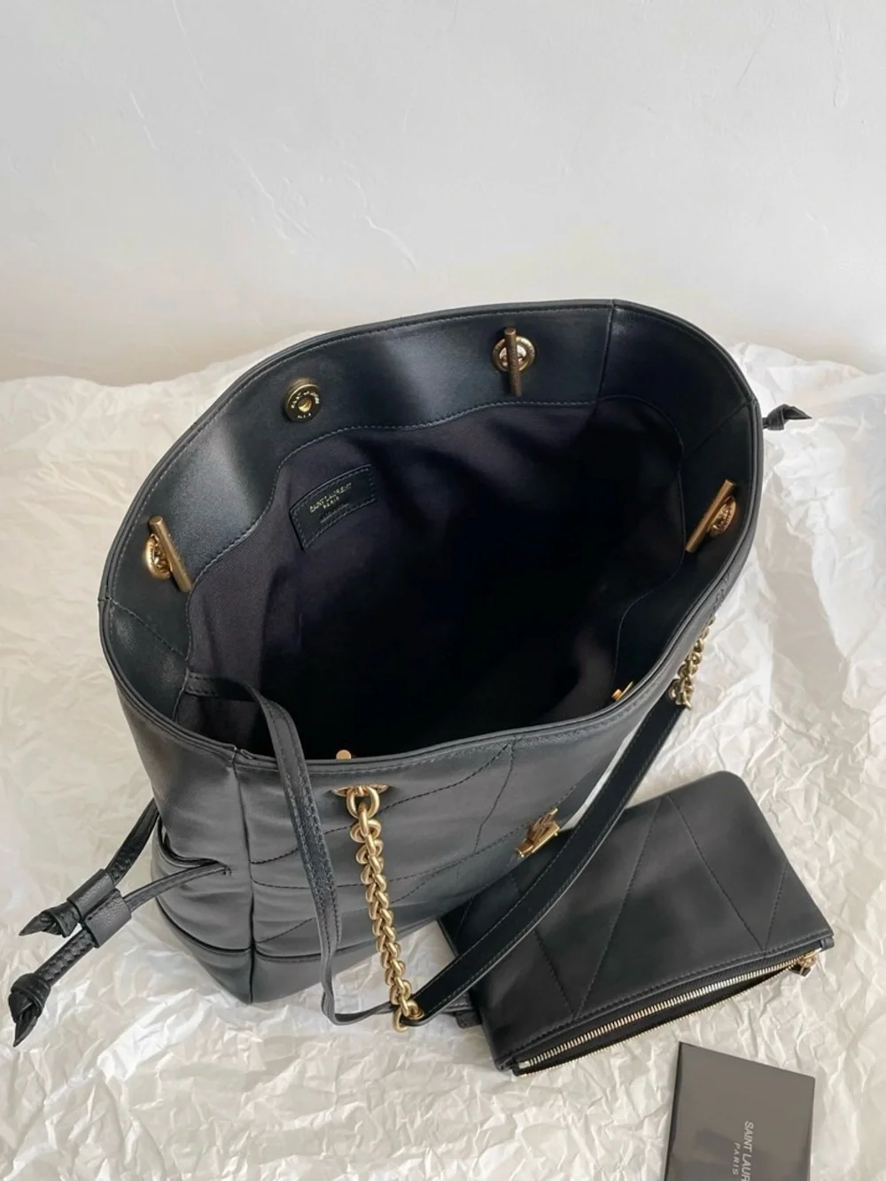 Saint Laurent Black Leather Shoulder Drawstring Bag with Gold Chain